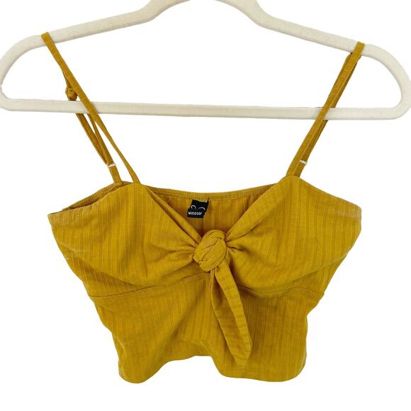 Windsor M Mustard Marigold Yellow Ribbed Knit Tie Knot Front Cami Crop Top - Picture 2 of 7